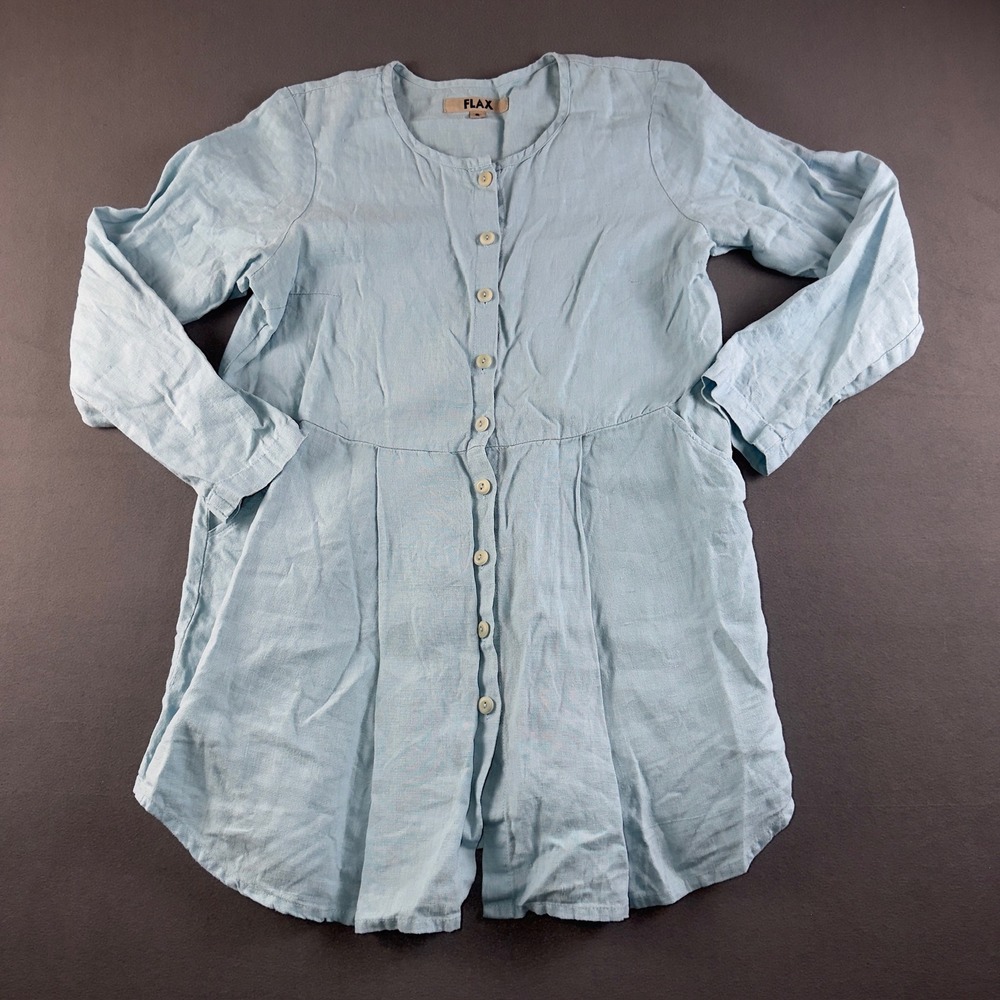 Flax Linen Button Down Tunic Light Blue Long Sleeve Pleated Top Women Small